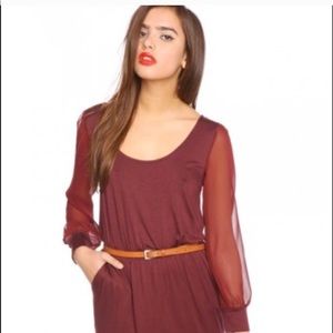 Nastygal burgundy dress with sheer sleeves